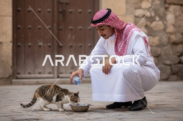 رجل سعودي يسقي قطة باللباس التقليدي في منطقة تراثية