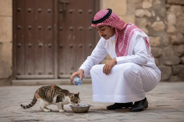 Saudi Man Feeding Stray Cat in Traditional Thobe Outdoors