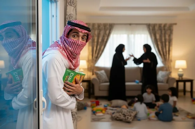 رجل سعودي بالزي التقليدي يختبئ بالحلويات في المنزل