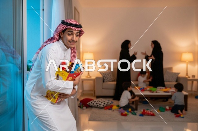رجل سعودي بالثوب يخفي الوجبات الخفيفة عن العائلة