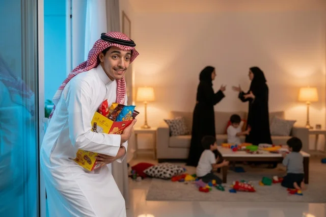 Saudi Man in Thobe Hiding Snacks from Family