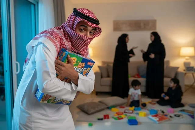 رجل سعودي بالثوب التقليدي يخبئ الحلويات في المنزل