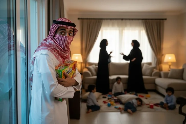 رجل سعودي بالزي التقليدي يختبئ في غرفة المعيشة