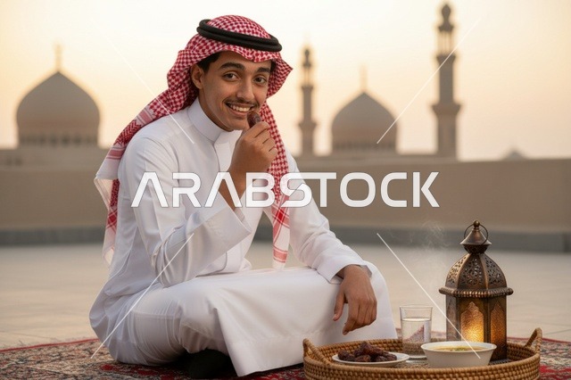 شاب سعودي يتناول التمر في إفطار رمضان أمام المسجد