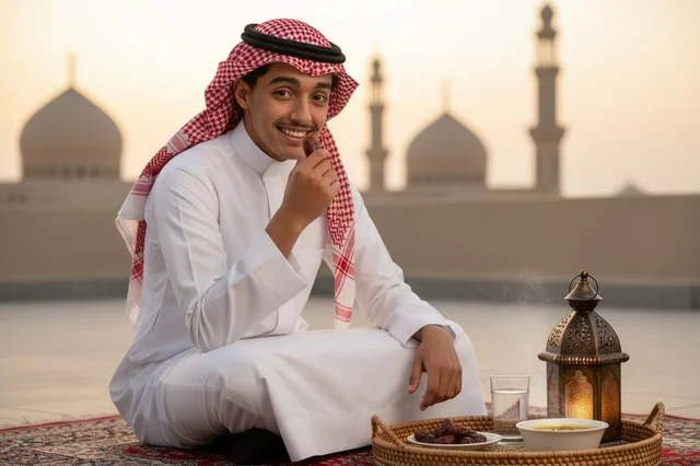 شاب سعودي يتناول التمر في إفطار رمضان أمام المسجد