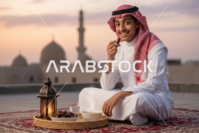 شاب سعودي يتناول التمر وقت إفطار رمضان عند الغروب