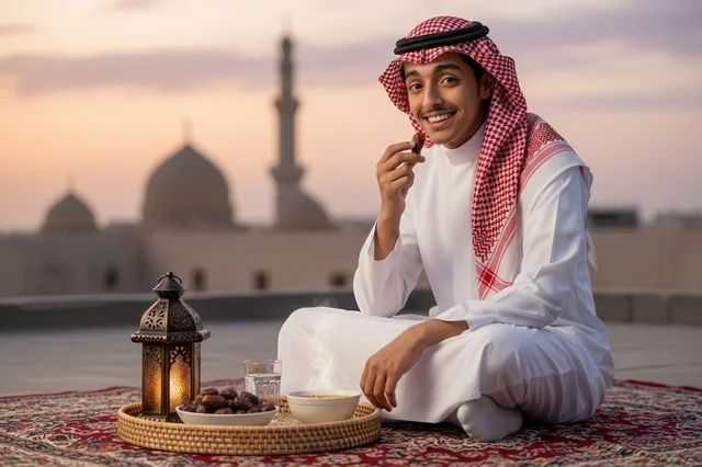 شاب سعودي يتناول التمر وقت إفطار رمضان عند الغروب