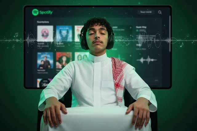 Saudi Man with Headphones Listening to Music