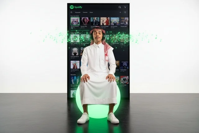 رجل سعودي بالثوب التقليدي يستمع لتطبيق موسيقي