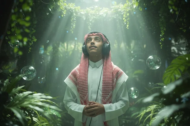 Saudi Man in Green Forest with Headphones and Light Rays