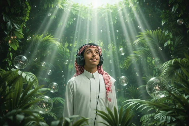 Saudi Man with Headphones in Jungle Sunbeams
