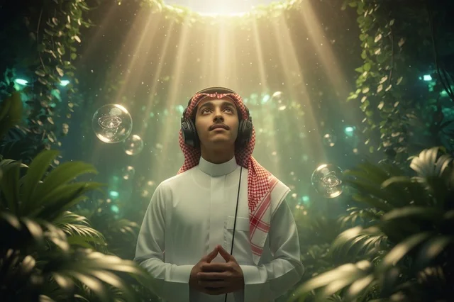 Saudi Man in Traditional Thobe Wearing Headphones in Forest
