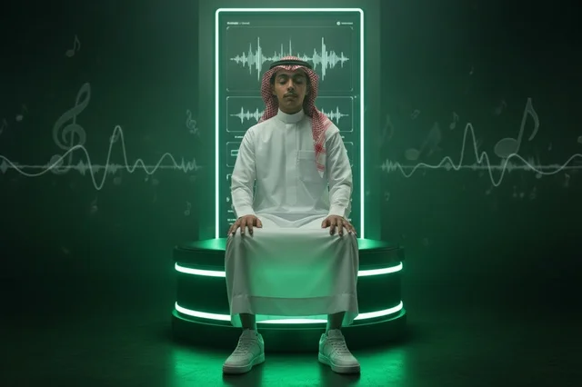 Saudi Man in Traditional Thobe with Digital Sound Waves