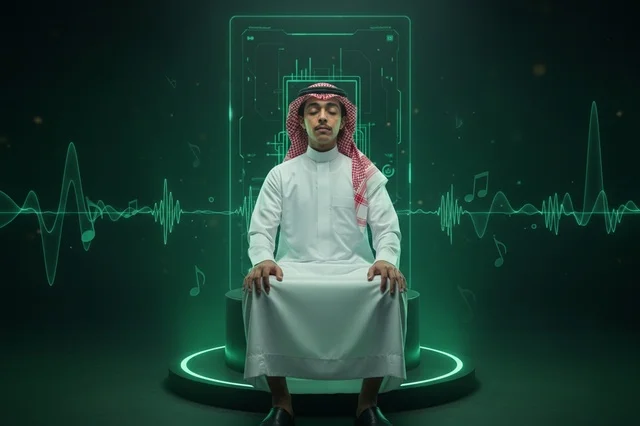 رجل سعودي بالثوب التقليدي مع موجات صوتية رقمية