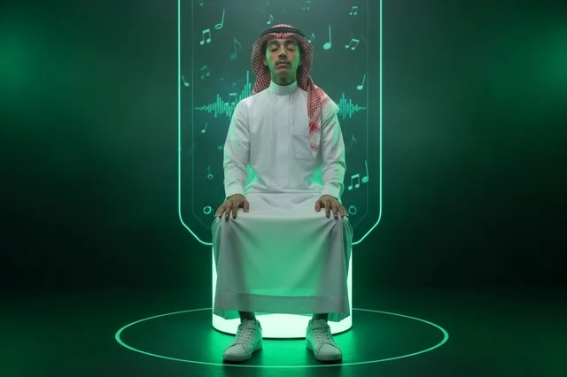 رجل سعودي في استوديو موسيقى رقمي مستقبلي نيون