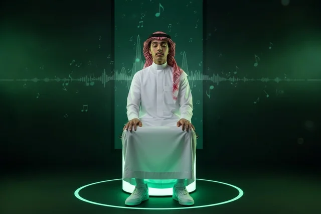 Saudi Man in Traditional Dress with Digital Sound Waves