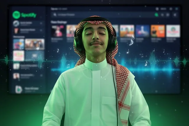 شاب سعودي يرتدي سماعات يستمع للموسيقى الرقمية