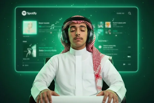 شاب سعودي يرتدي سماعات ويستمع للموسيقى الرقمية