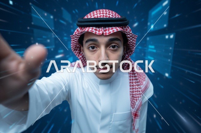 Saudi Man Interacting with Digital Technology Interface