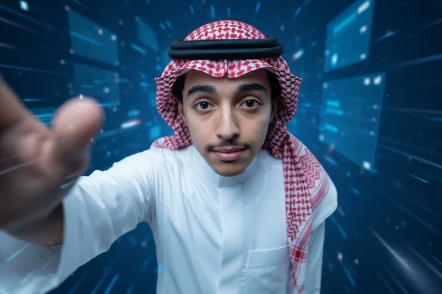 Saudi Man Interacting with Digital Technology Interface