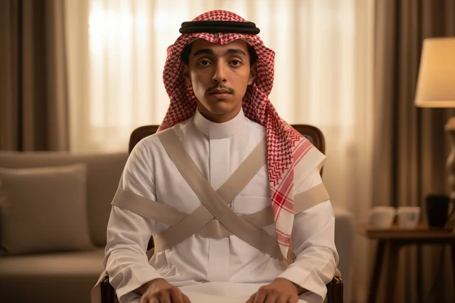 Young Saudi Man in Traditional Thobe Indoors
