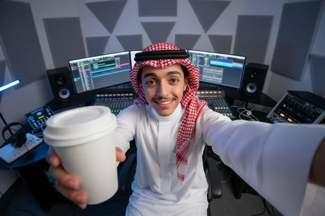 منتج موسيقي سعودي في استوديو التسجيل مع قهوة