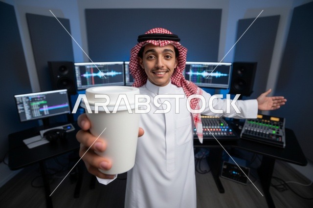 مهندس صوت سعودي مع كوب قهوة في استوديو تسجيل