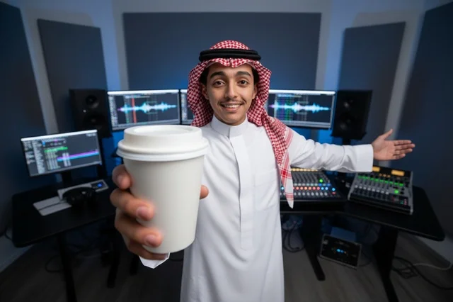 مهندس صوت سعودي مع كوب قهوة في استوديو تسجيل