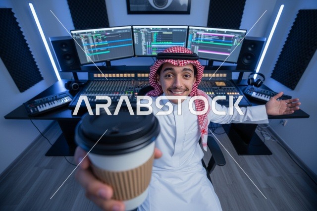 مهندس صوت سعودي في استوديو موسيقي احترافي مع قهوة