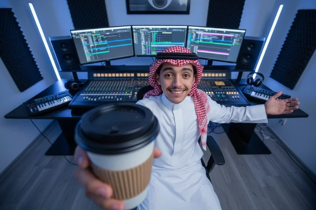 مهندس صوت سعودي في استوديو موسيقي احترافي مع قهوة
