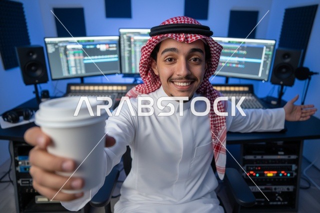 شاب سعودي يحمل قهوة في استوديو تسجيل صوتي