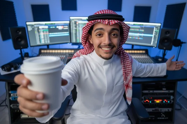 Saudi Man with Coffee in Sound Recording Studio