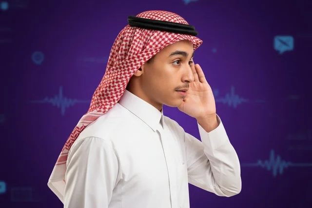 Saudi Man in Traditional Thobe Listening on Digital Background