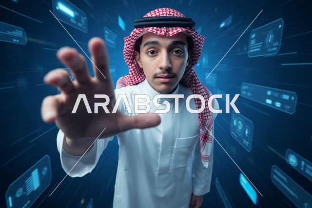 Saudi Man Interacting with Digital Virtual Technology