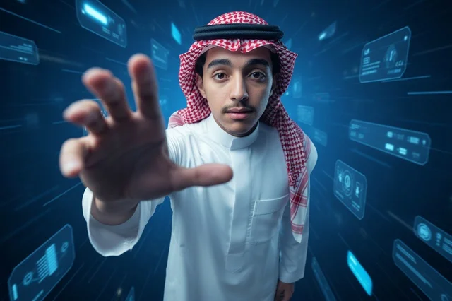 Saudi Man Interacting with Digital Virtual Technology