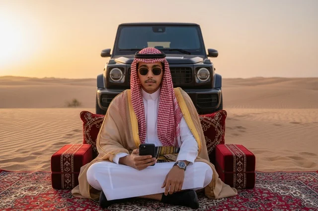 Saudi Man in Traditional Bisht in Desert with SUV