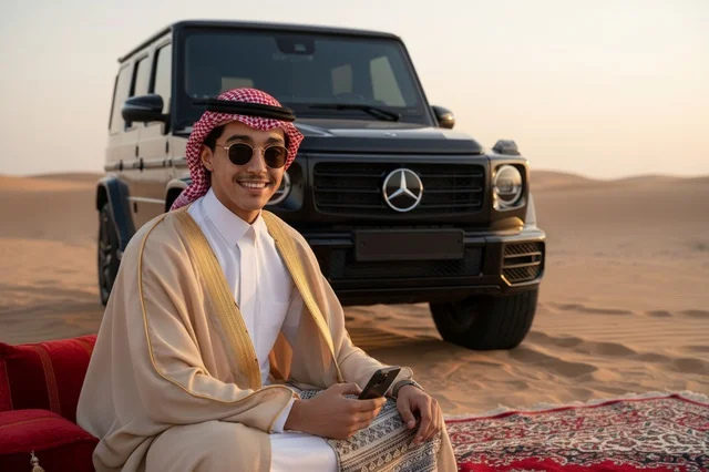 Saudi Man in Traditional Dress with SUV in Desert