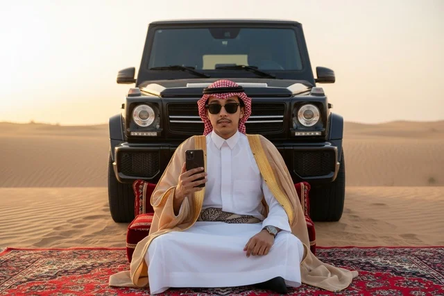 Saudi Man with Luxury SUV in Desert at Sunset