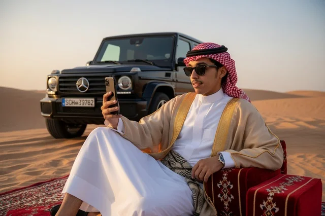 Saudi Man in Bisht with Luxury Car in Desert Saudi Man in Bisht with Luxury Car in Desert
