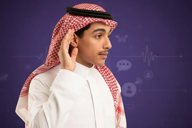 Saudi Man in Traditional Attire Listening Intently Saudi Man in Traditional Attire Listening Intently