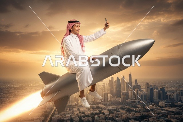 رجل سعودي يركب صاروخاً فوق مدينة حديثة وقت الغروب