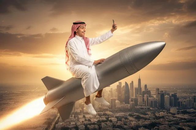 رجل سعودي يركب صاروخاً فوق مدينة حديثة وقت الغروب
