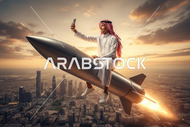 رجل سعودي على صاروخ يلتقط سيلفي فوق المدينة