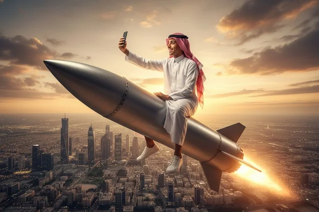 Saudi Man on Rocket Taking Selfie Over City Skyline