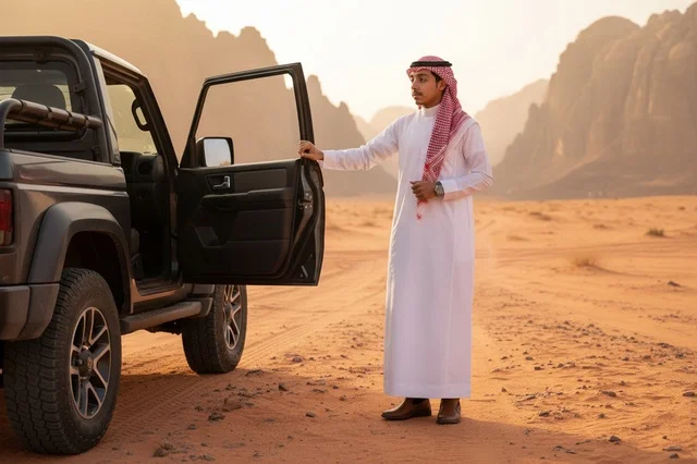 رجل سعودي مع سيارة دفع رباعي في الصحراء وقت الغروب