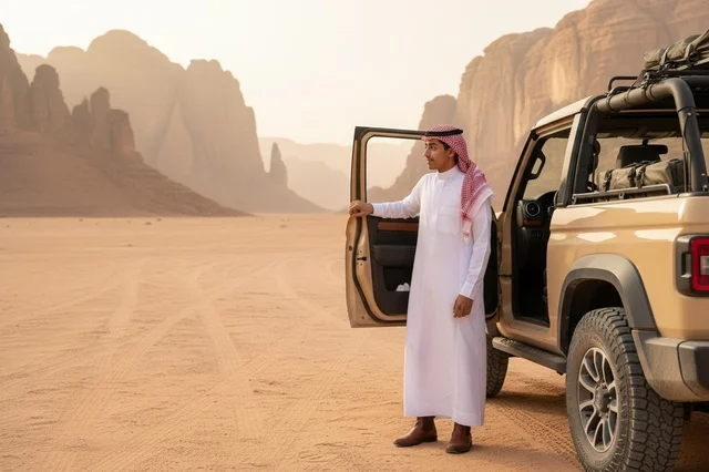 Saudi Man with Off-road Vehicle in Desert Sunset
