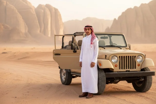 رجل سعودي مع سيارة دفع رباعي في الصحراء