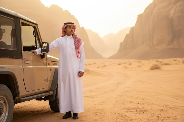 رجل سعودي بجانب سيارة دفع رباعي في الصحراء