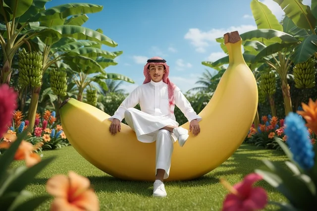 Saudi Man Sitting on Giant Banana in Tropical Garden