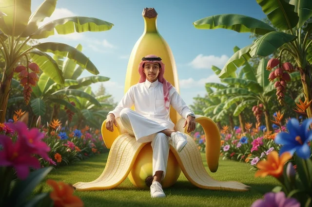 Saudi Man on Giant Banana Throne in Tropical Garden